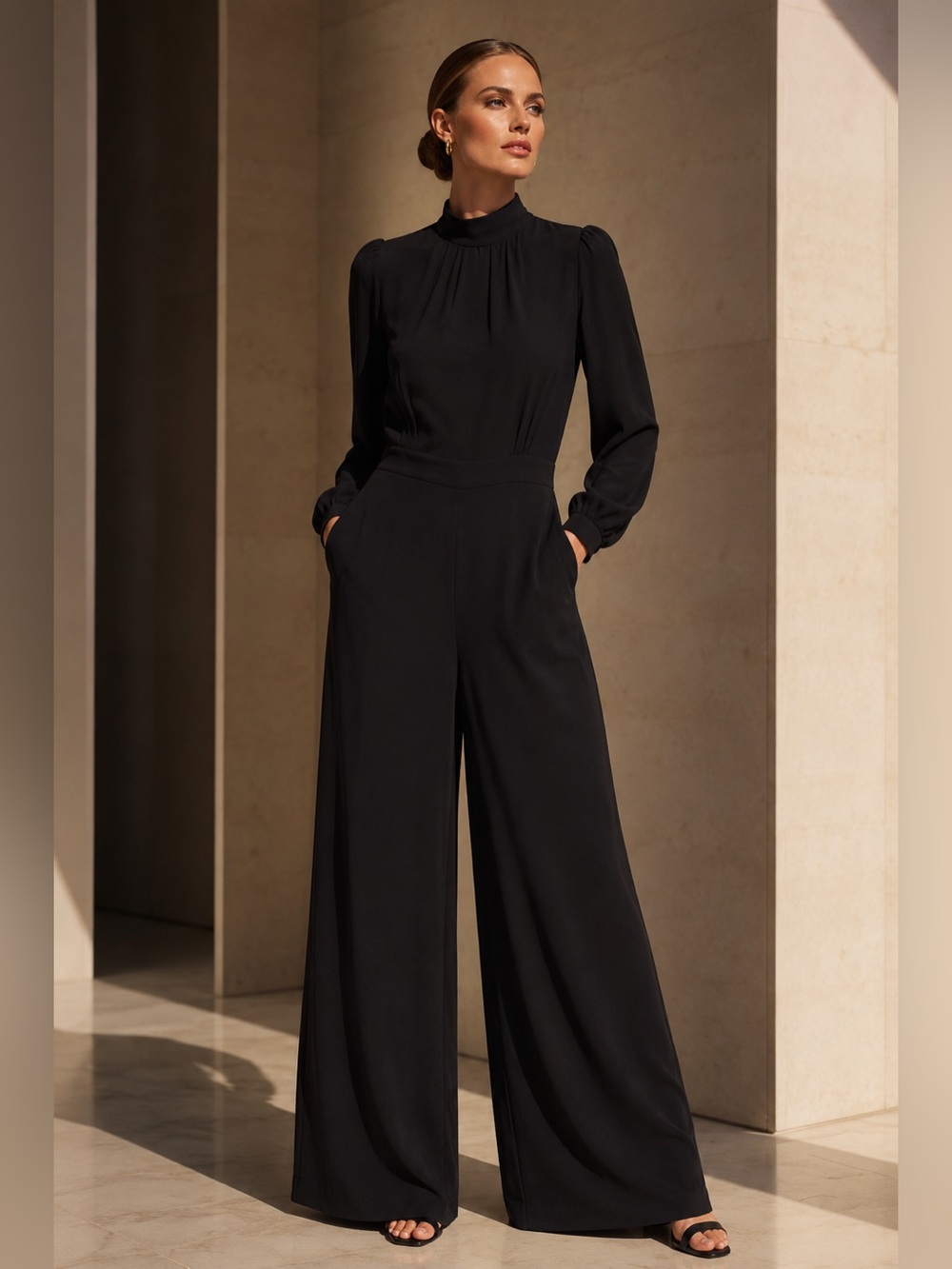 GOOP Black Chiffon Mock Neck Pleated Wide Leg Jumpsuit MSRP $846 Size 6
